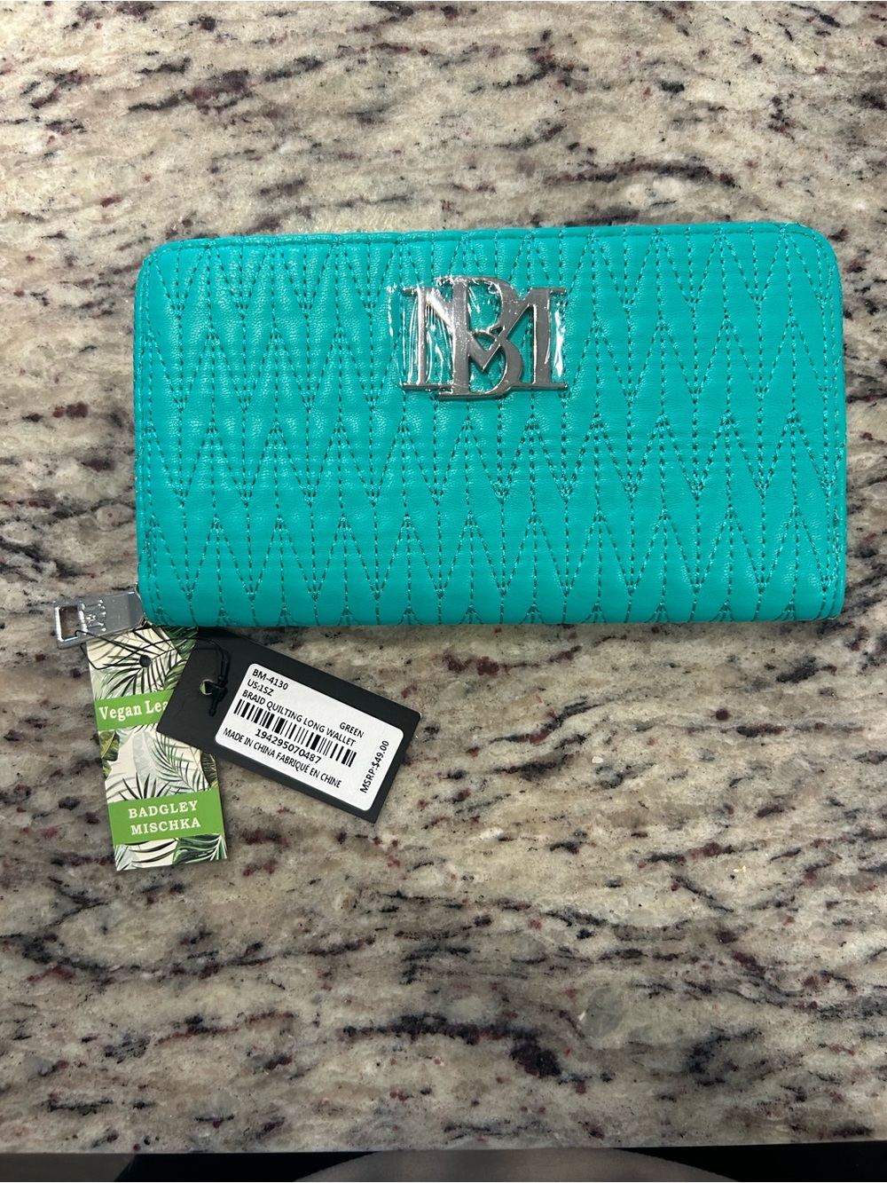 Badgley Mischka Quilted Zip Around Wallet Turquoise Vegan Leather Silver Logo